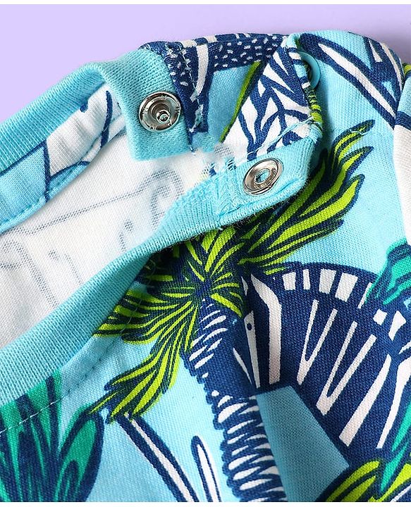 Babyhug Cotton Knit Full Sleeves Co-ord Night Suit with Animal Print - Light Blue & Green