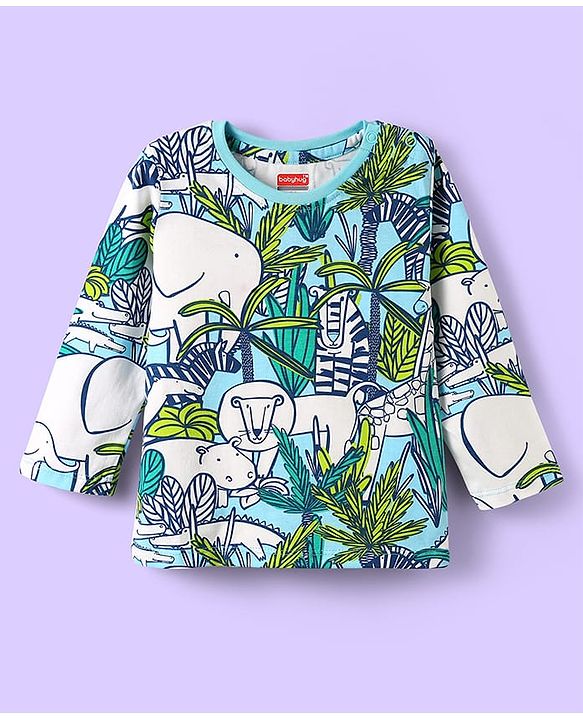 Babyhug Cotton Knit Full Sleeves Co-ord Night Suit with Animal Print - Light Blue & Green