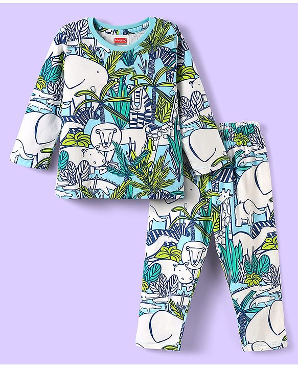 Babyhug Cotton Knit Full Sleeves Co-ord Night Suit with Animal Print - Light Blue & Green