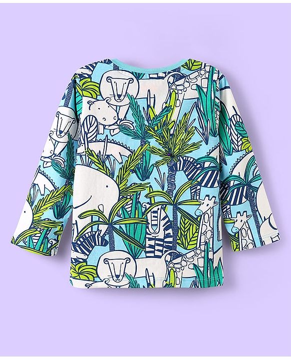 Babyhug Cotton Knit Full Sleeves Co-ord Night Suit with Animal Print - Light Blue & Green