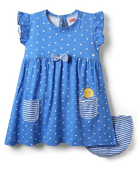 Babyhug Single Jersey Knit Frill Sleeves Polka Dot Printed Frock With  Bloomer & Bow Applique - Blue