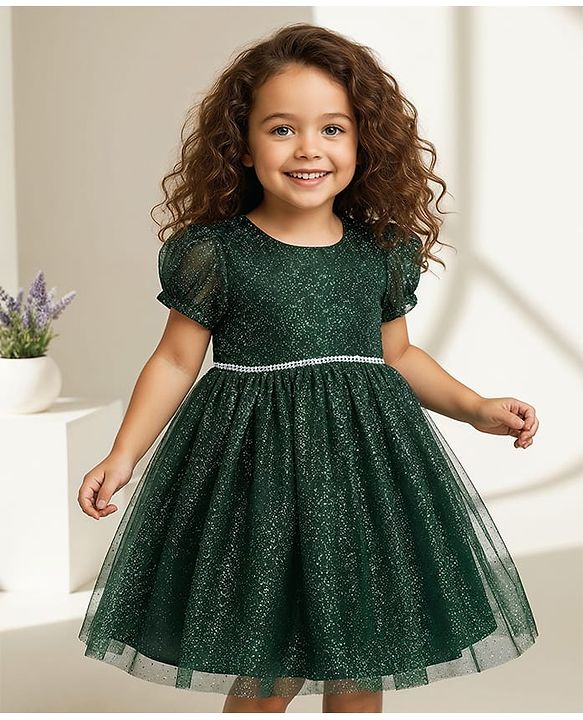 Babyhug  Woven Half Puffed Sleeves Solid Colour Party Frock with Floral Applique Lace Detailing & Pair of Booties - Sea Green