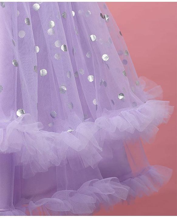 Babyhug Woven Sleeveless Fit and Flare Ruffled Dress with Foil Print & Butterfly Applique - Lavender
