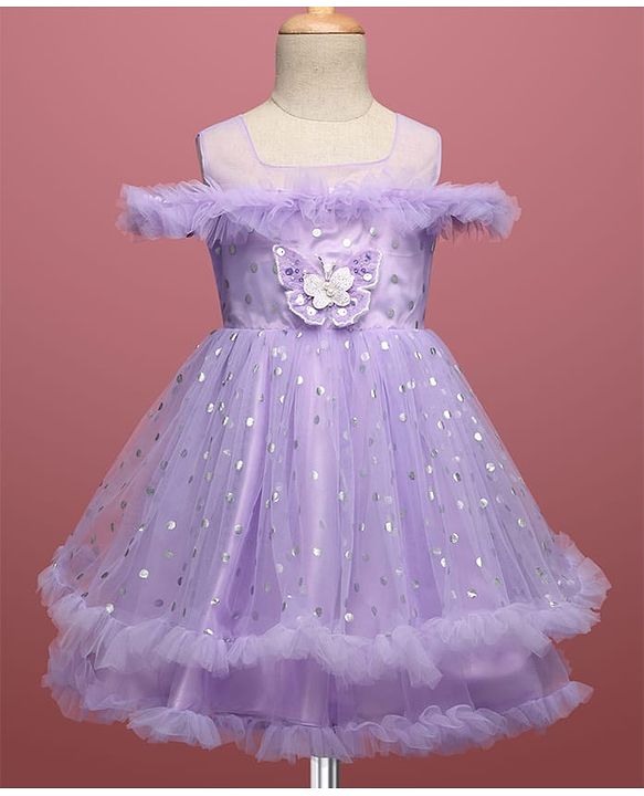 Babyhug Woven Sleeveless Fit and Flare Ruffled Dress with Foil Print & Butterfly Applique - Lavender