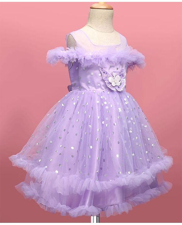 Babyhug Woven Sleeveless Fit and Flare Ruffled Dress with Foil Print & Butterfly Applique - Lavender