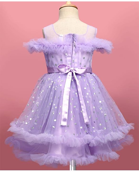 Babyhug Woven Sleeveless Fit and Flare Ruffled Dress with Foil Print & Butterfly Applique - Lavender