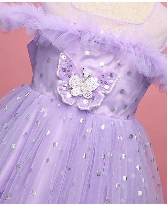 Babyhug Woven Sleeveless Fit and Flare Ruffled Dress with Foil Print & Butterfly Applique - Lavender