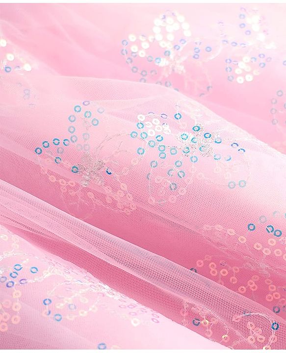 Babyhug Woven Frill Sleeves Mesh Party Dress with Sequinned Yoke & Corsage - Pink