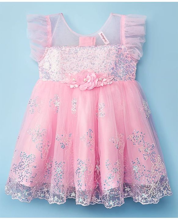Babyhug Woven Frill Sleeves Mesh Party Dress with Sequinned Yoke & Corsage - Pink