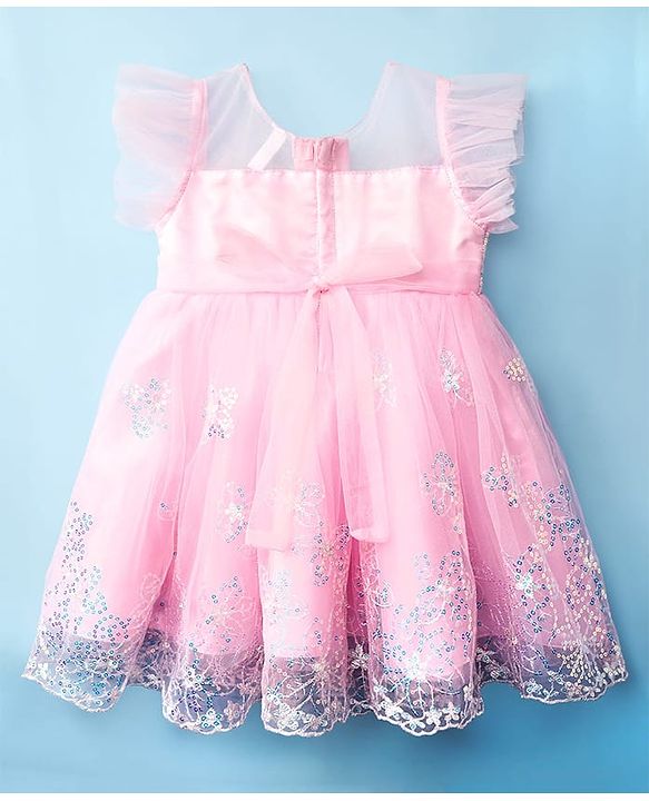 Babyhug Woven Frill Sleeves Mesh Party Dress with Sequinned Yoke & Corsage - Pink