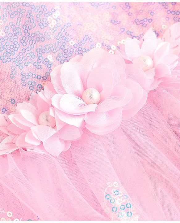 Babyhug Woven Frill Sleeves Mesh Party Dress with Sequinned Yoke & Corsage - Pink