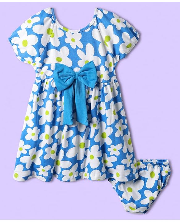 Babyhug Single Jersey Knit Half Raglan Sleeves Floral Printed Frock With Bow & Bloomers - Blue