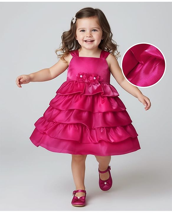 Babyhug Woven Sleeveless Fit & Flare Layered Partywear Dress With Corsage Applique - Red
