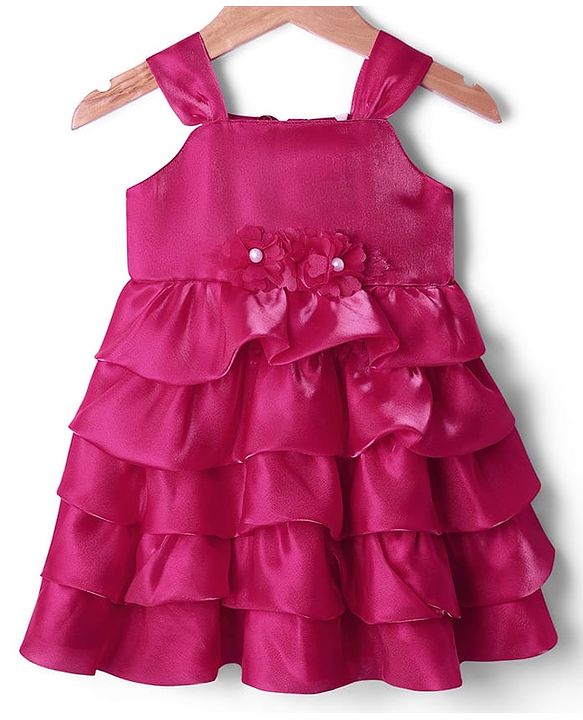 Babyhug Woven Sleeveless Fit & Flare Layered Partywear Dress With Corsage Applique - Red