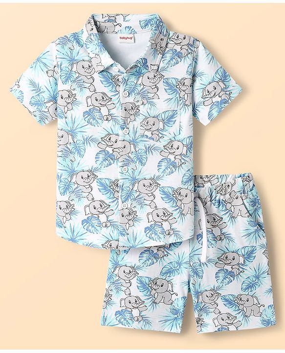 Babyhug Single Jersey Knit Half Sleeves Co-ords Shirt & Shorts Set With Elephant Print - White