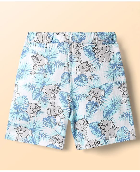 Babyhug Single Jersey Knit Half Sleeves Co-ords Shirt & Shorts Set With Elephant Print - White