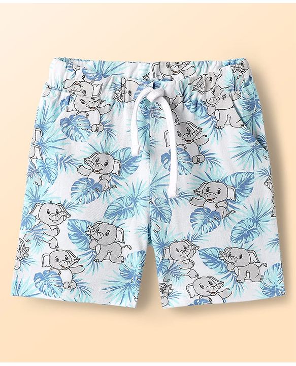 Babyhug Single Jersey Knit Half Sleeves Co-ords Shirt & Shorts Set With Elephant Print - White