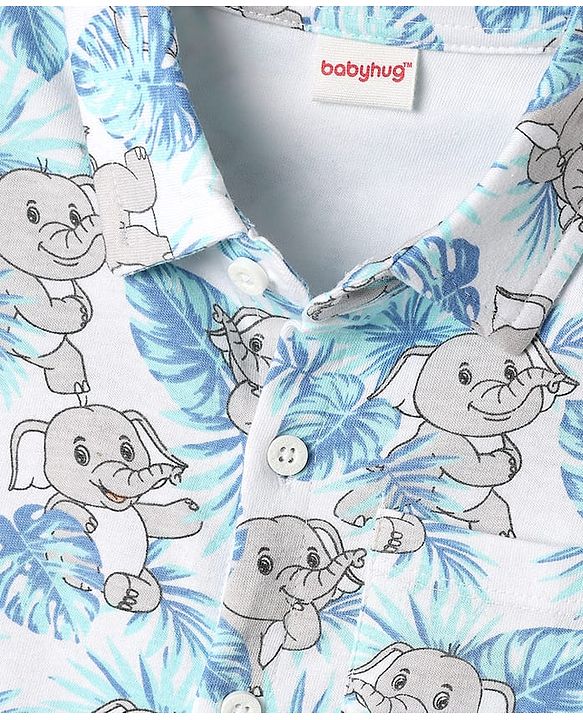 Babyhug Single Jersey Knit Half Sleeves Co-ords Shirt & Shorts Set With Elephant Print - White