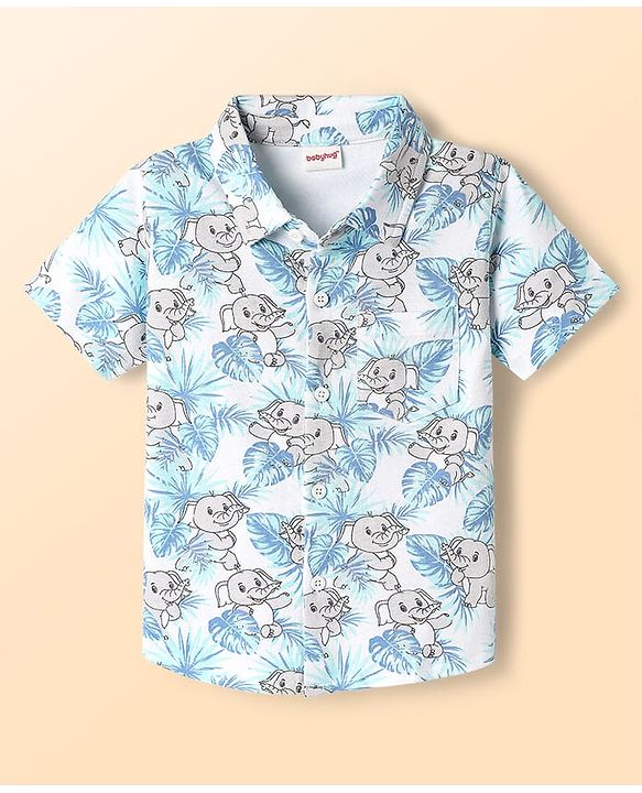 Babyhug Single Jersey Knit Half Sleeves Co-ords Shirt & Shorts Set With Elephant Print - White