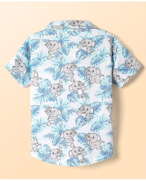 Babyhug Single Jersey Knit Half Sleeves Co-ords Shirt & Shorts Set With Elephant Print - White