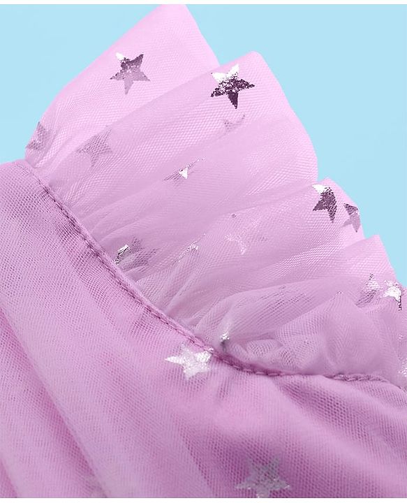 Babyhug Woven Frill Sleeves Party Dress With Foil Star Print & Bow Applique - Pink