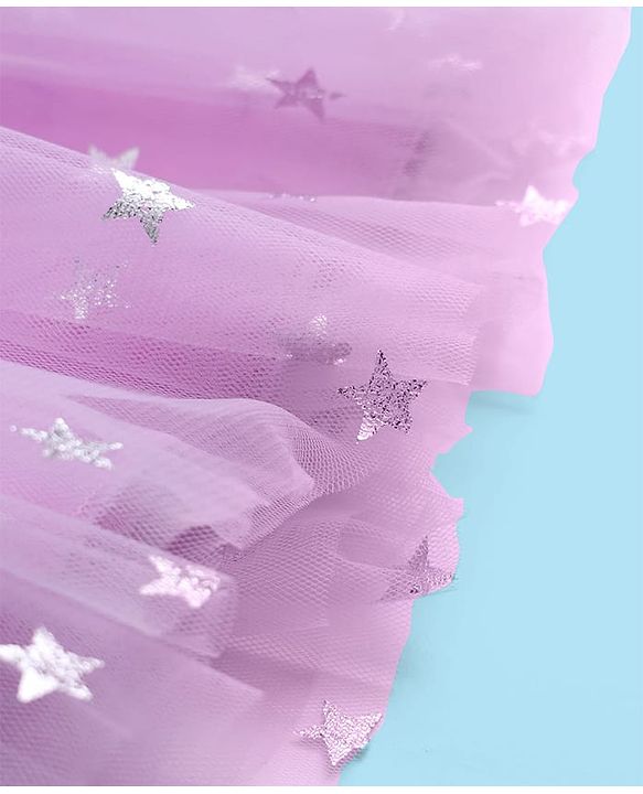 Babyhug Woven Frill Sleeves Party Dress With Foil Star Print & Bow Applique - Pink