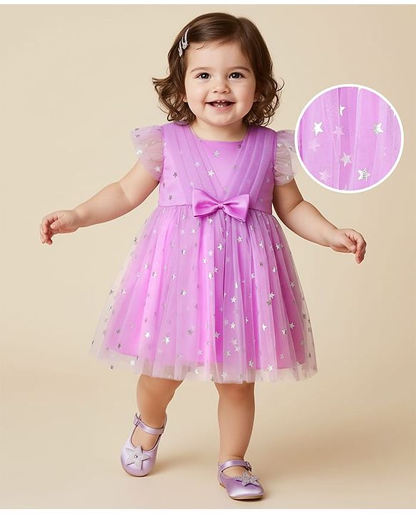 Babyhug Woven Frill Sleeves Party Dress With Foil Star Print & Bow Applique - Pink