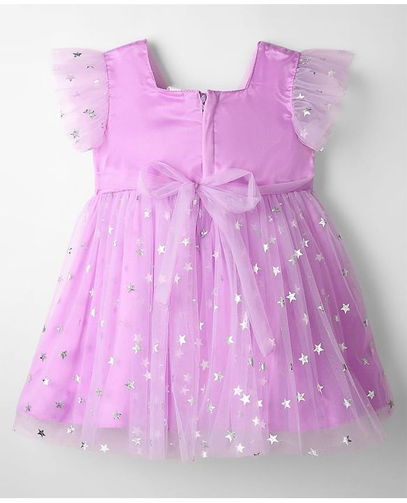 Babyhug Woven Frill Sleeves Party Dress With Foil Star Print & Bow Applique - Pink
