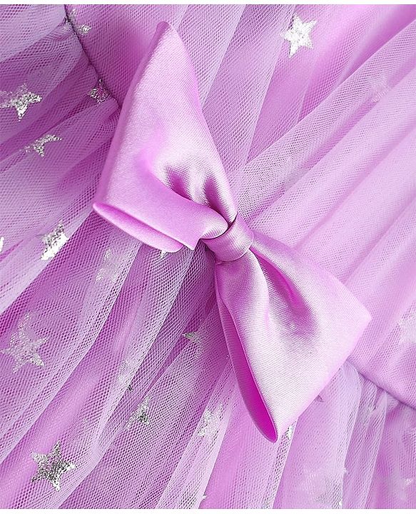 Babyhug Woven Frill Sleeves Party Dress With Foil Star Print & Bow Applique - Pink