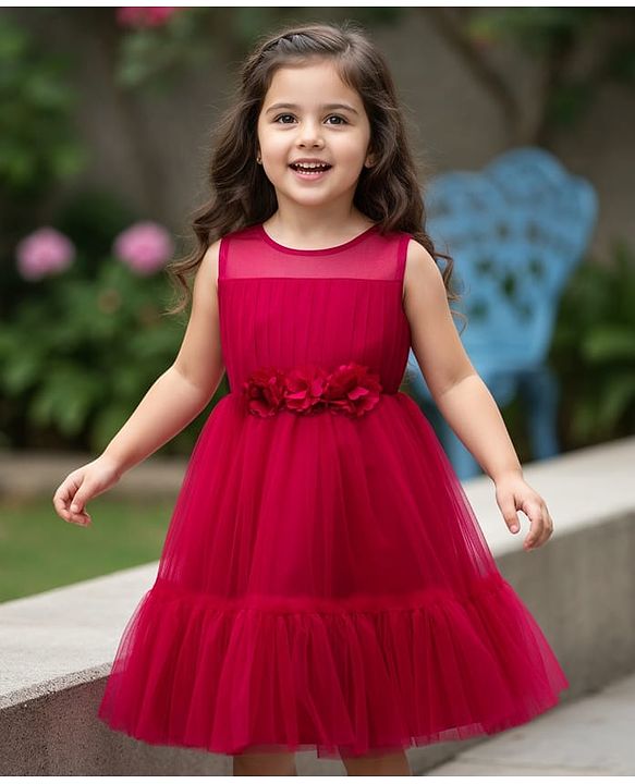 Babyhug Woven Sleeveless Mesh Party Dress With Floral Corsage - Dark Pink