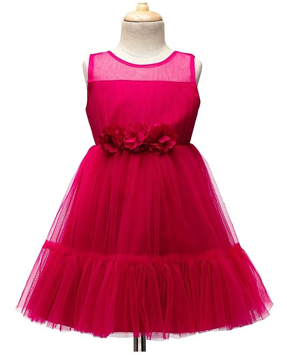 Babyhug Woven Sleeveless Mesh Party Dress With Floral Corsage - Dark Pink