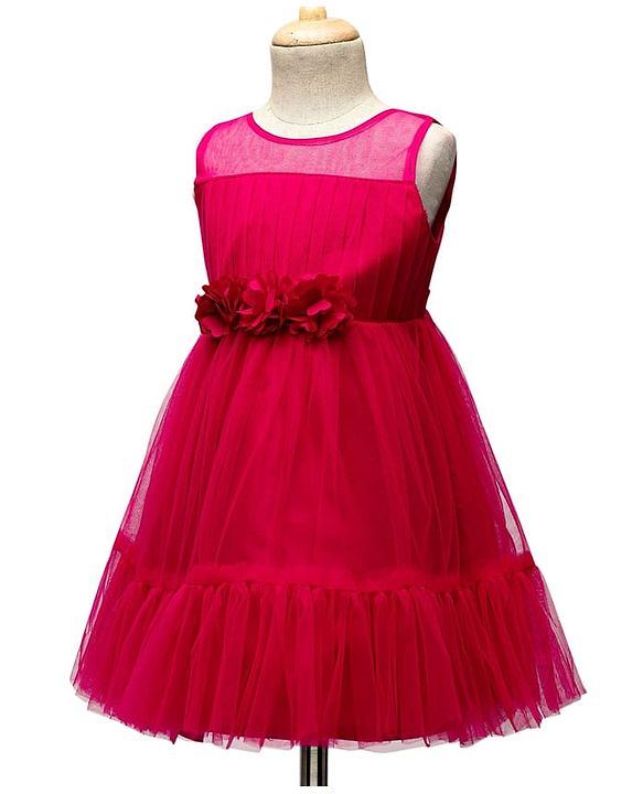 Babyhug Woven Sleeveless Mesh Party Dress With Floral Corsage - Dark Pink