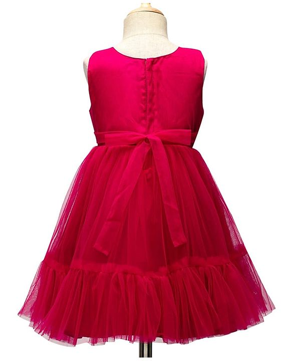 Babyhug Woven Sleeveless Mesh Party Dress With Floral Corsage - Dark Pink