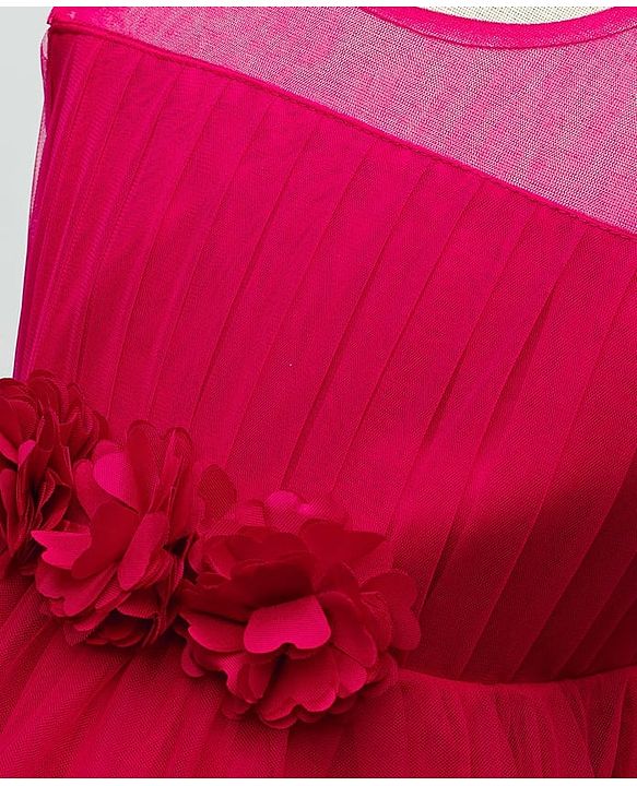 Babyhug Woven Sleeveless Mesh Party Dress With Floral Corsage - Dark Pink