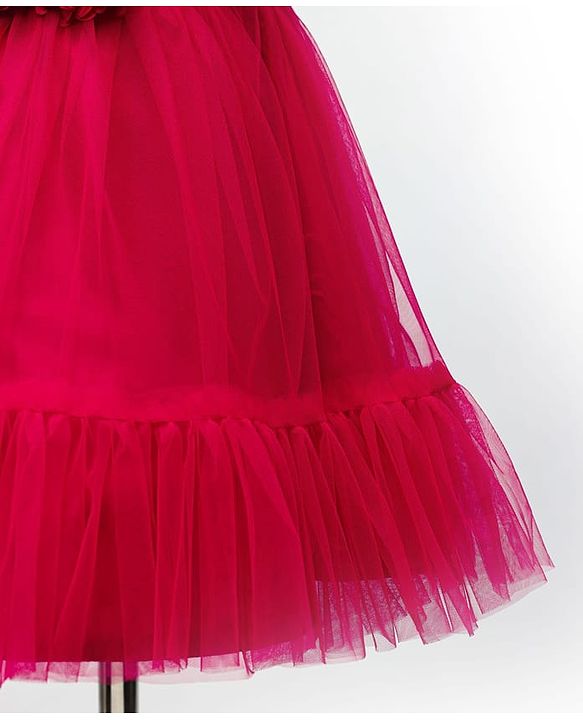 Babyhug Woven Sleeveless Mesh Party Dress With Floral Corsage - Dark Pink
