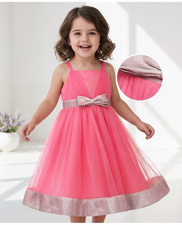 Babyhug Woven Sleeveless Fit & Flare Mesh Party Dress with Bow Applique & Glitter - Dark Pink