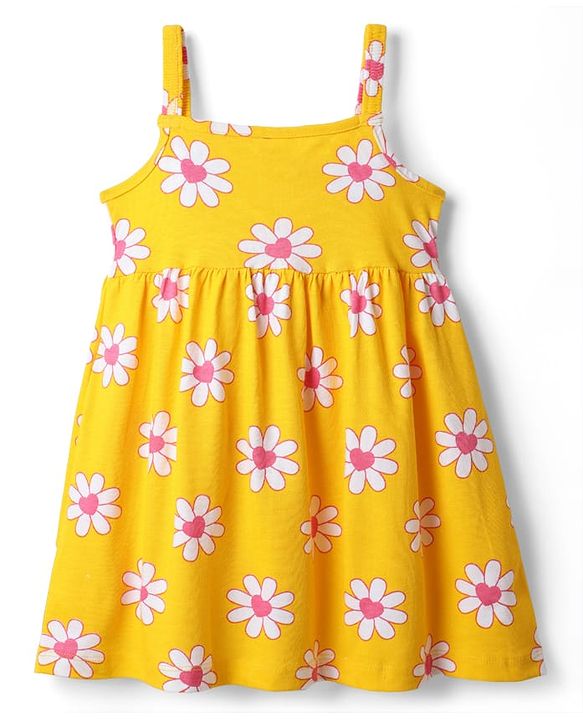 Babyhug Single Jersey Knit Sleeveless Floral Printed Frock With Bow Applique & Bloomer - Yellow
