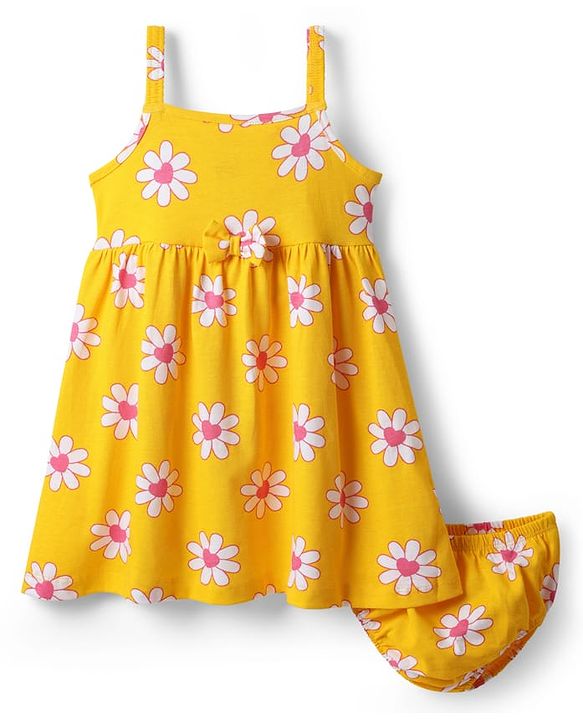 Babyhug Single Jersey Knit Sleeveless Floral Printed Frock With Bow Applique & Bloomer - Yellow