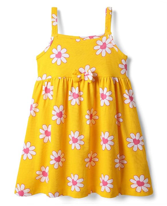 Babyhug Single Jersey Knit Sleeveless Floral Printed Frock With Bow Applique & Bloomer - Yellow