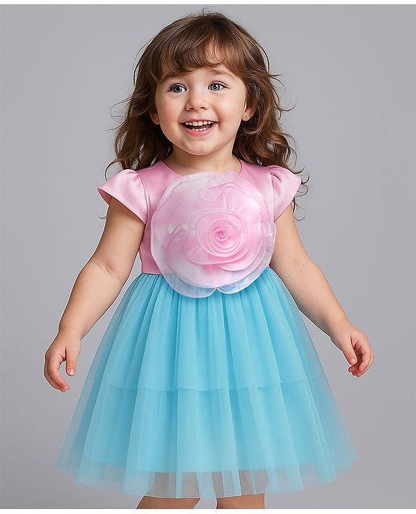 Babyhug Woven Cap Sleeves Mesh Party Dress With Floral Corsage - Pink & Blue