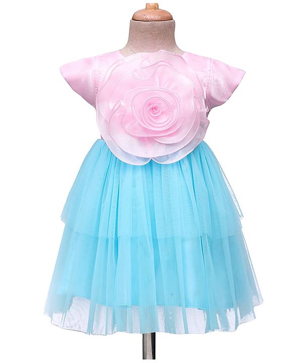 Babyhug Woven Cap Sleeves Mesh Party Dress With Floral Corsage - Pink & Blue