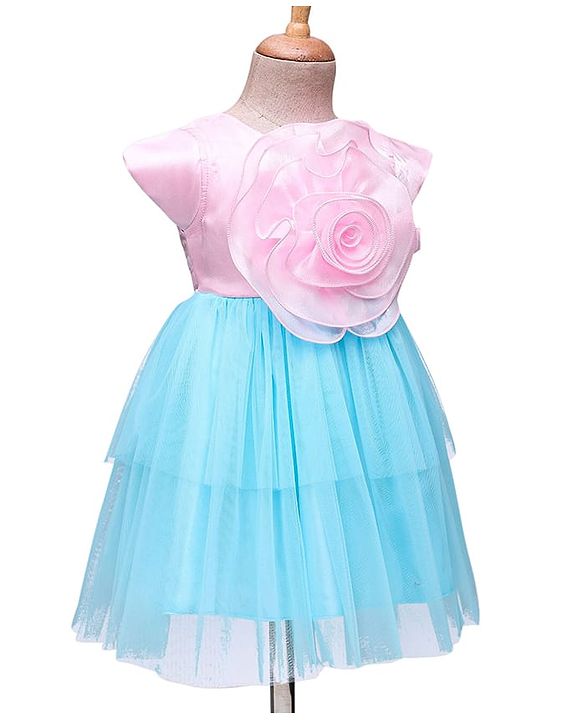 Babyhug Woven Cap Sleeves Mesh Party Dress With Floral Corsage - Pink & Blue