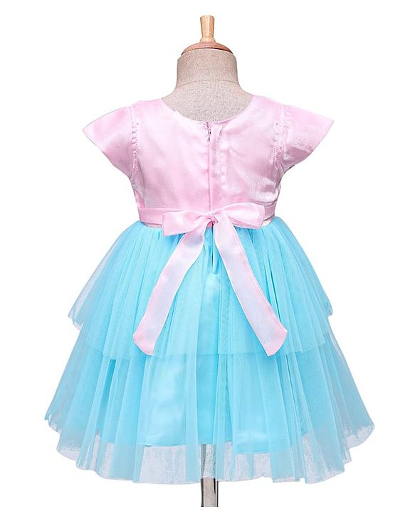 Babyhug Woven Cap Sleeves Mesh Party Dress With Floral Corsage - Pink & Blue