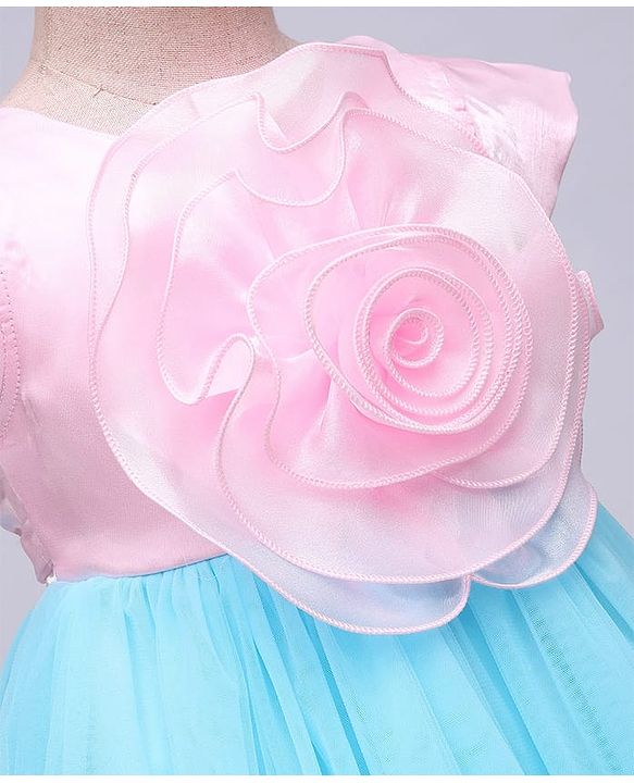 Babyhug Woven Cap Sleeves Mesh Party Dress With Floral Corsage - Pink & Blue