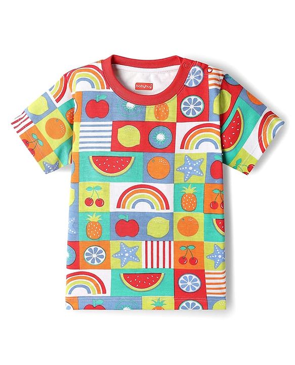 Babyhug Single Jersey Knit Half Sleeves Co-ords T-Shirt & Short Set With Tropical Theme Print - Multicolour
