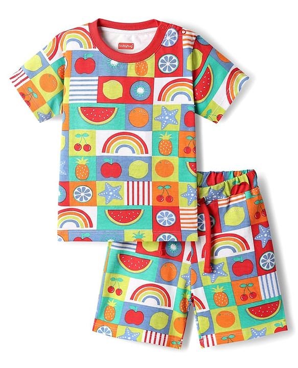 Babyhug Single Jersey Knit Half Sleeves Co-ords T-Shirt & Short Set With Tropical Theme Print - Multicolour