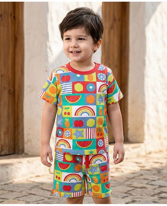 Babyhug Single Jersey Knit Half Sleeves Co-ords T-Shirt & Short Set With Tropical Theme Print - Multicolour