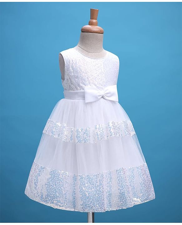 Babyhug Woven Sleeveless Mesh Party Dress with Sequin Detailing & Bow Applique - White