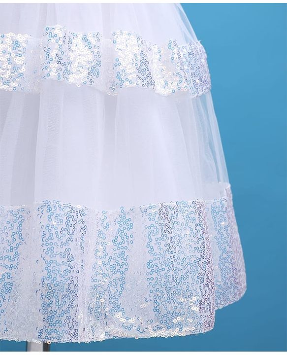 Babyhug Woven Sleeveless Mesh Party Dress with Sequin Detailing & Bow Applique - White