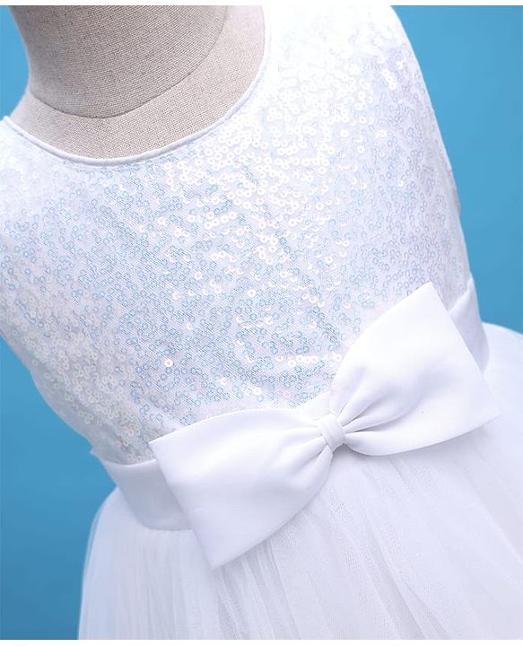 Babyhug Woven Sleeveless Mesh Party Dress with Sequin Detailing & Bow Applique - White